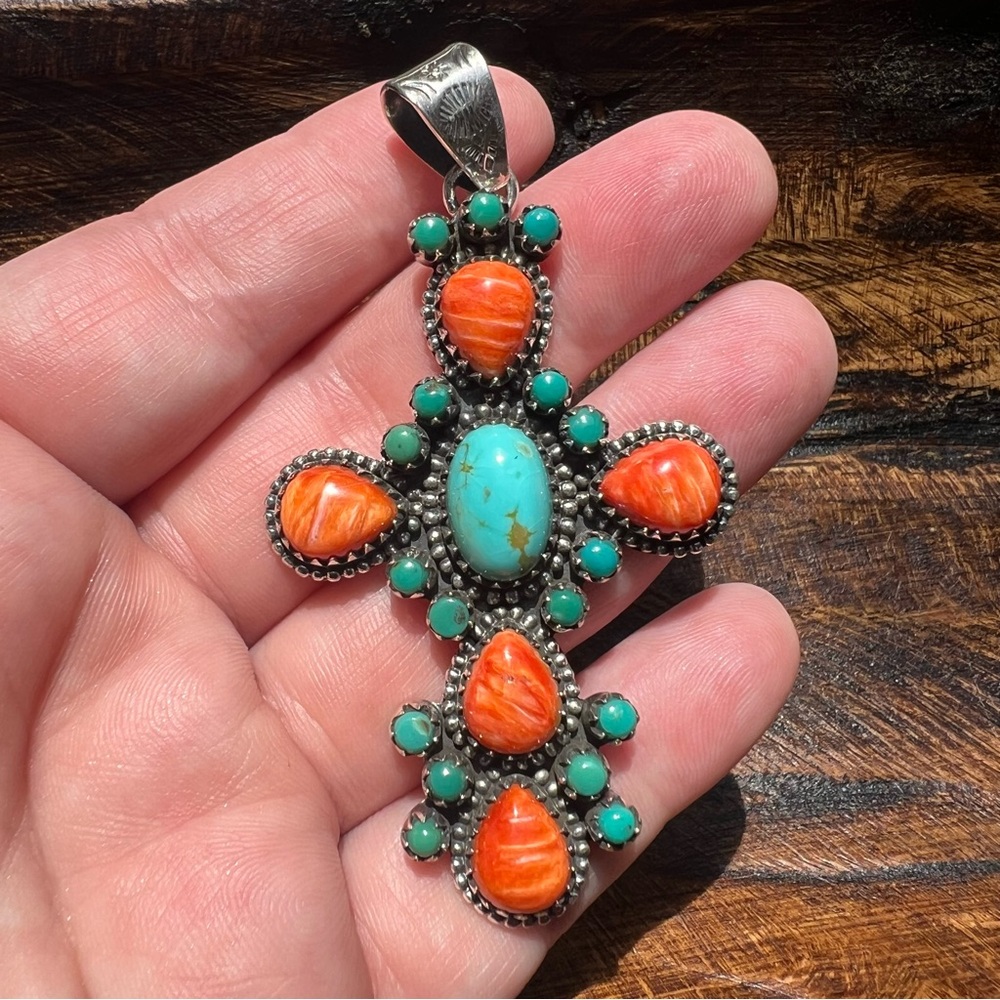 925 Sterling Silver Kingman Turquoise & Spiny Oyster Cross Pendant | Southwest
